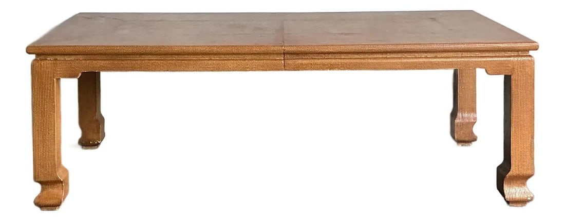 Extendable Ming-Inspired Grasscloth Boho Dining Table with Seagrass Finish: Extendable Ming-Inspired Grasscloth Boho Dining Table with Seagrass Finish This vintage Boho Chic dining table features a textured grasscloth finish inspired by Ming-style design, blending traditional