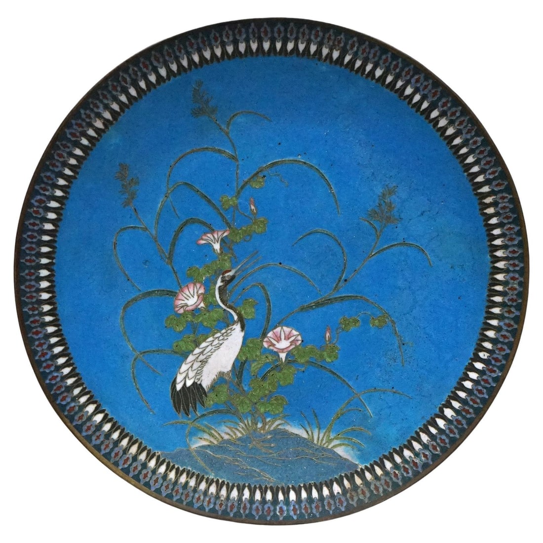 Meiji Period Japanese Cloisonne Charger Depicting Heron in Marsh Scene: Meiji Period Japanese Cloisonne Charger Depicting Heron in Marsh Scene This Japanese Meiji period charger features enameled metal cloisonne construction, depicting a marsh scene with a heron. The deta
