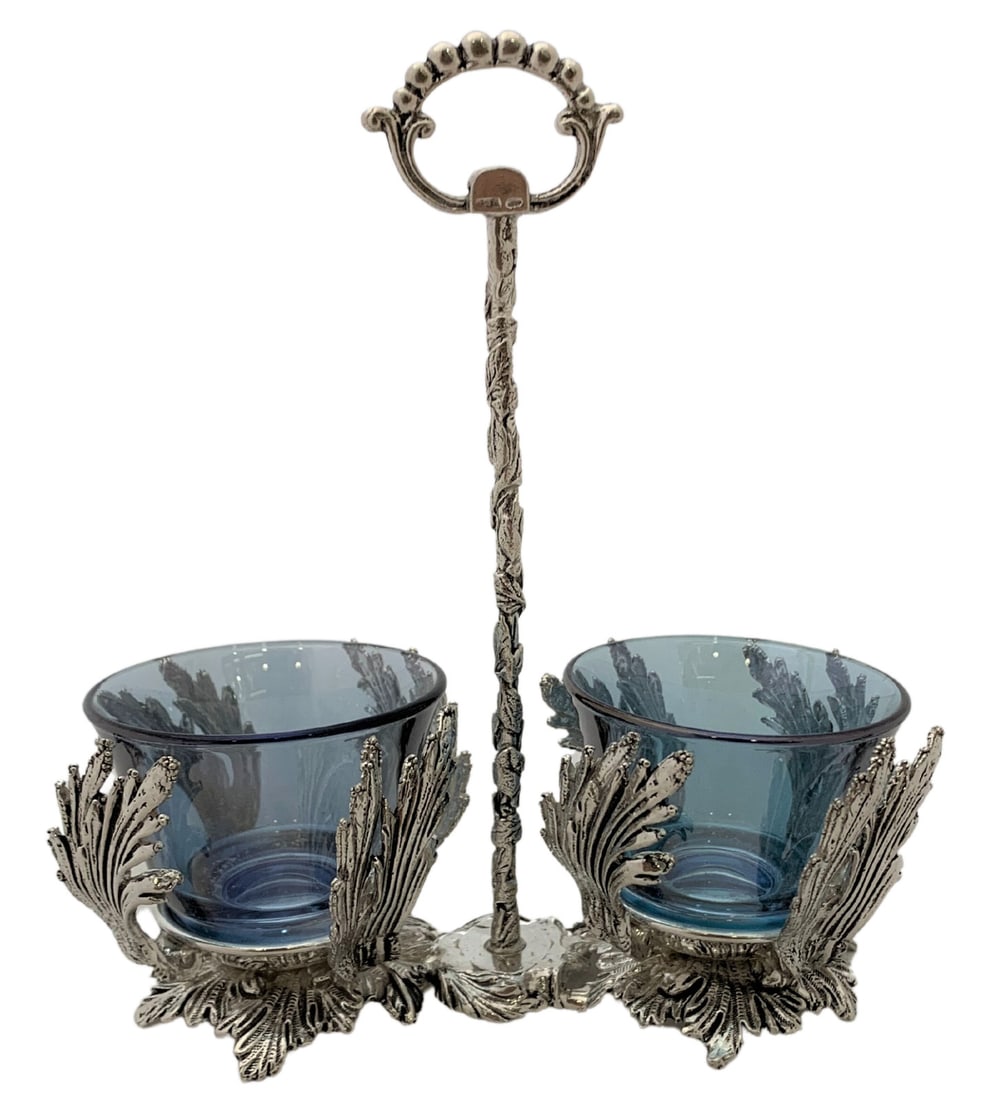 Italian Sterling Silver Double Salt Holder with Blue Crystal and Leaf Applique: Italian Sterling Silver Double Salt Holder with Blue Crystal and Leaf Applique This fine Italian double salt holder is crafted from 925 sterling silver and features blue crystal elements with handmade