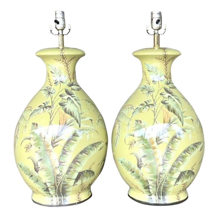 Vintage Coastal Banana Leaf Ceramic Lamps Pair in Glossy Avocado Finish: Vintage Coastal Banana Leaf Ceramic Lamps Pair in Glossy Avocado Finish Elevate your home decor with this stunning pair of vintage coastal banana leaf glazed ceramic lamps. Showcasing an eye-catching