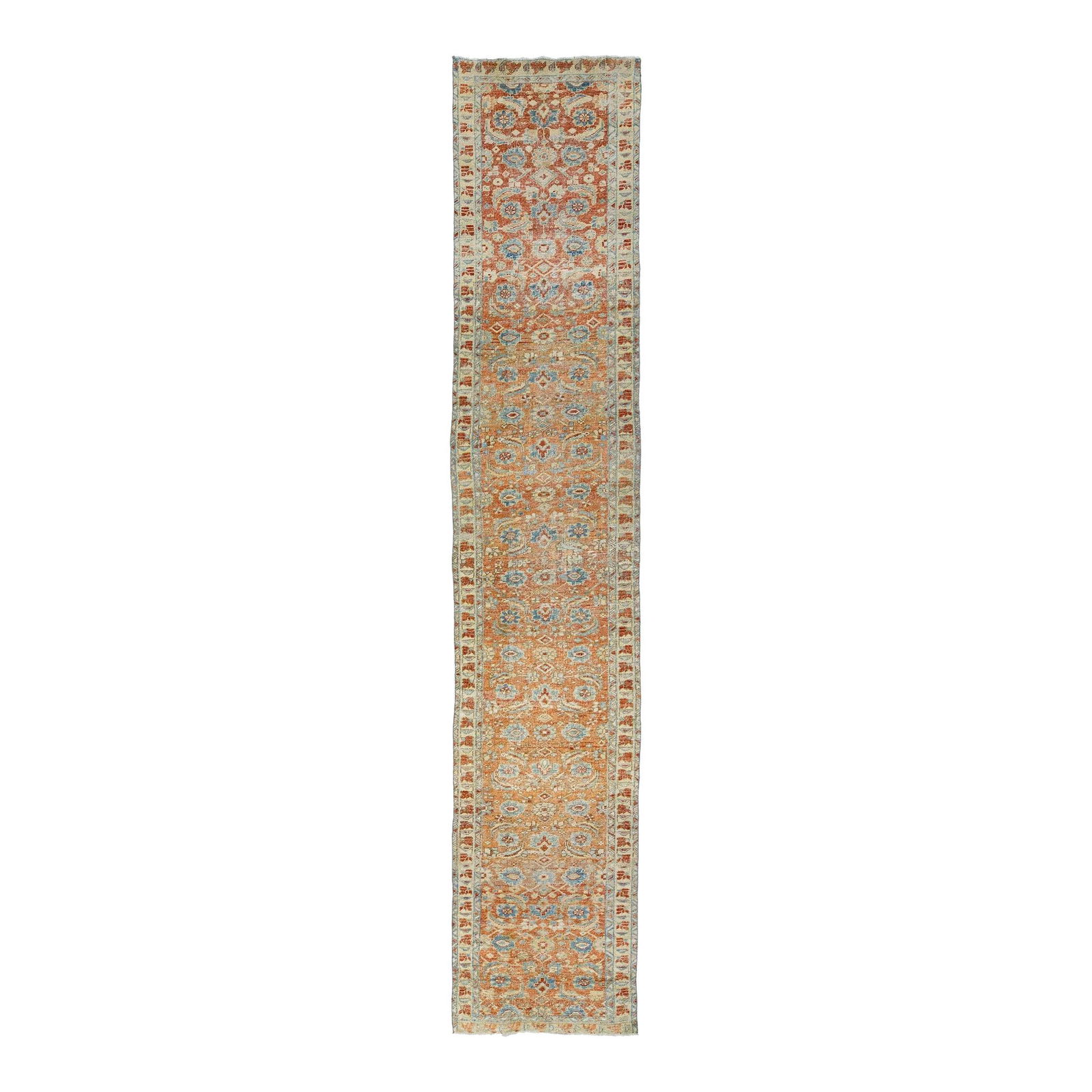1920s Heriz Handmade Wool Runner Rust Field with Blue Accents 3' x 14'2: 1920s Heriz Handmade Wool Runner Rust Field with Blue Accents 3' x 14'2 This stunning 1920s Floral Antique Heriz Handmade Wool Runner features a vibrant rust-colored field beautifully complemented by