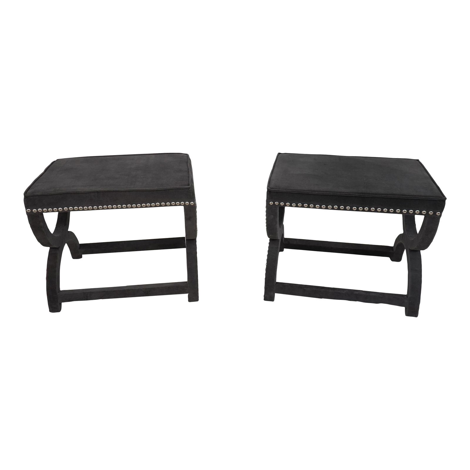 Modern Upholstered Tack Trim Benches Pair in Black: Modern Upholstered Tack Trim Benches Pair in Black This pair of modern design upholstered tack trim stool benches is approximately 20 years old, showcasing a stylish and decorative appearance. They fe