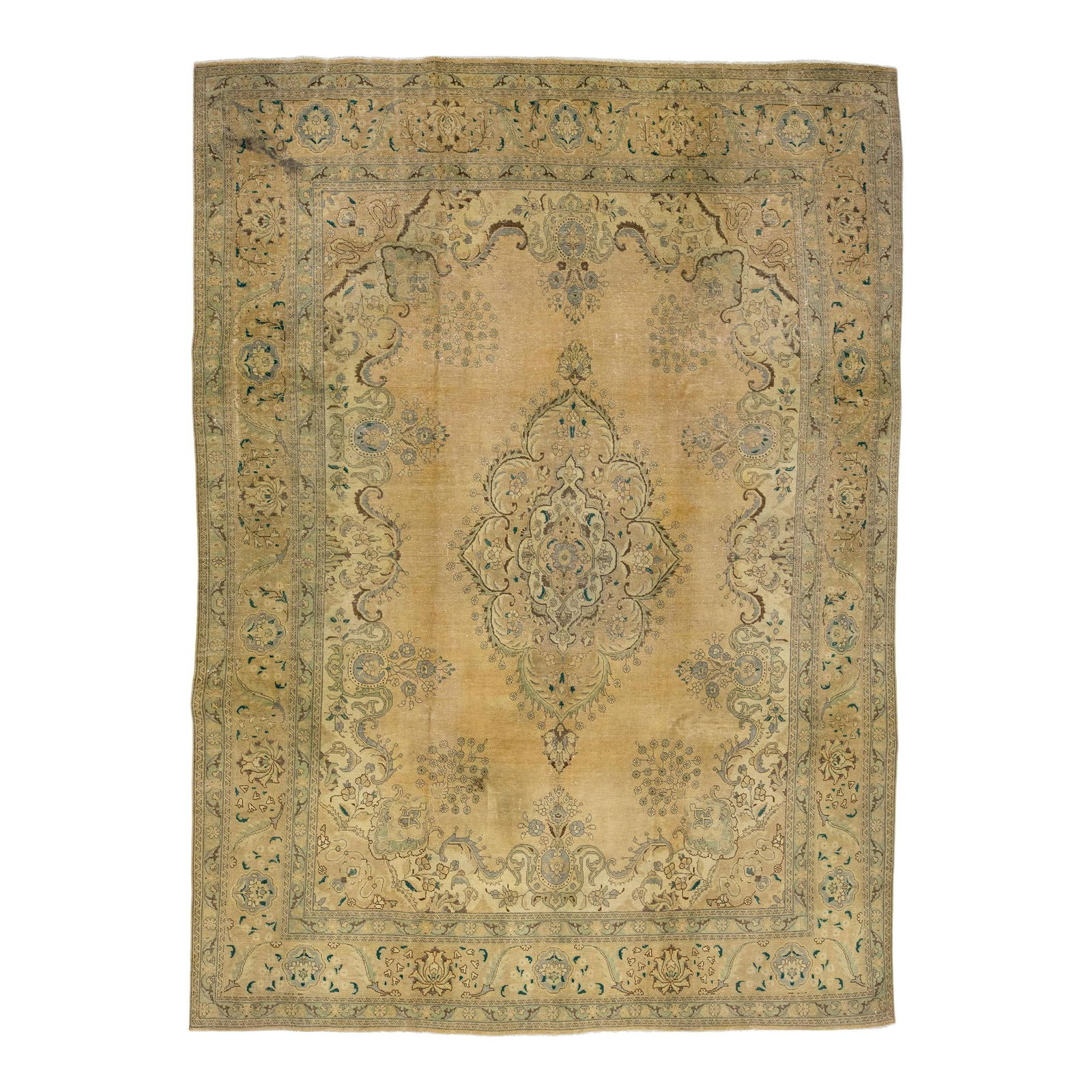 Vintage Persian Tabriz Handmade Ivory Wool Rug 9'7 x 12'10: Vintage Persian Tabriz Handmade Ivory Wool Rug 9'7 x 12'10 This exquisite vintage Persian Tabriz rug showcases a hand-knotted wool construction, featuring a stunning ivory field adorned with a beige f