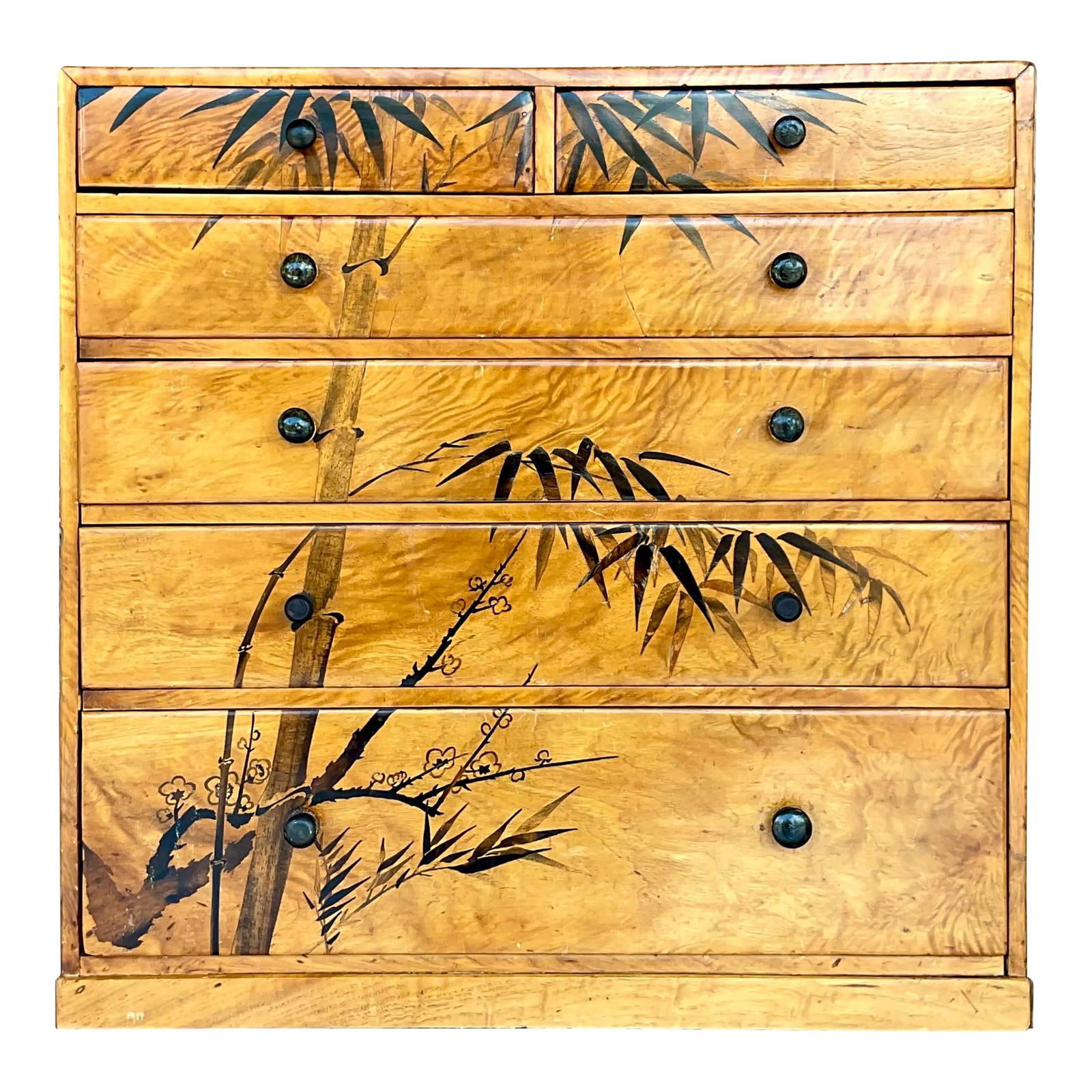 Vintage Boho Hand Painted Burl Wood Petite Chest of Drawers: Vintage Boho Hand Painted Burl Wood Petite Chest of Drawers Enhance your decor with this stunning Vintage Boho Hand Painted Burl Wood Petite Chest of Drawers. This captivating piece combines artistic