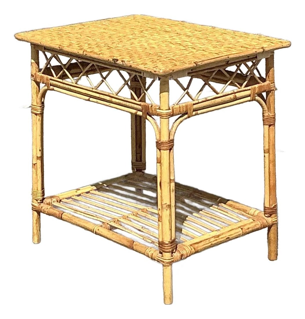 Charming Vintage Coastal Rattan Side Table with Bamboo Frame: Charming Vintage Coastal Rattan Side Table with Bamboo Frame Enhance your living space with this charming vintage coastal woven rattan side table, designed to bring a breezy and natural aesthetic to y