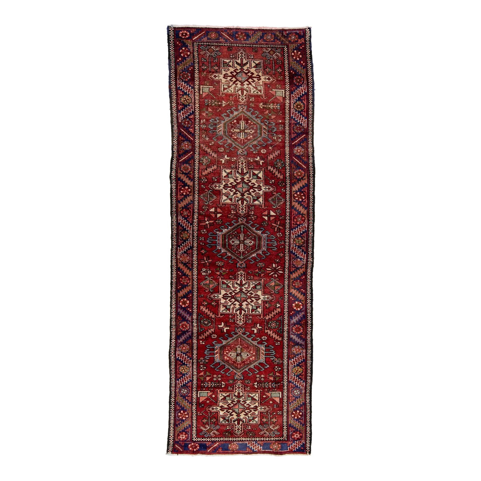 Handmade Vintage Red Heriz Wool Runner Tribal Design 3'6 x 10'3: Handmade Vintage Red Heriz Wool Runner Tribal Design 3'6 x 10'3 This stunning vintage Heriz runner showcases a rich red background adorned with vibrant multicolor tribal accents. Expertly hand-knotted