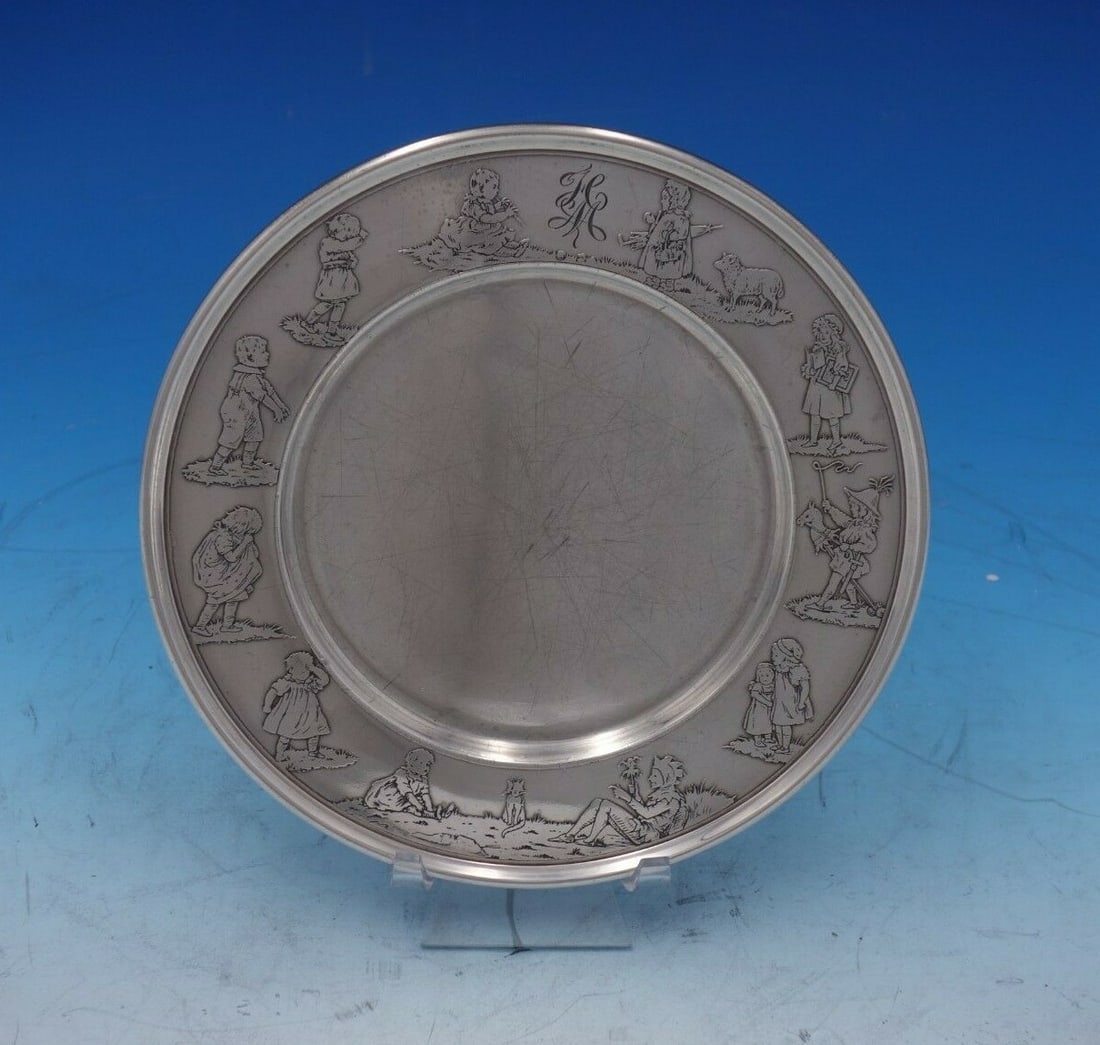 Meriden Britannia Sterling Silver Nursery Rhyme Child's Plate 858 Monogrammed (1 of 9)