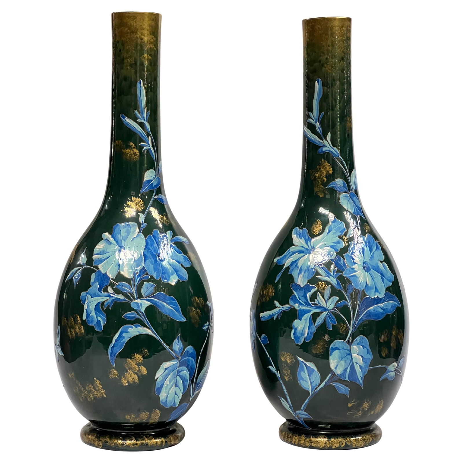 Set of 2 Early 1900s Gilt Floral Hand-Painted Aesthetic Ceramic Vases (1 of 10)