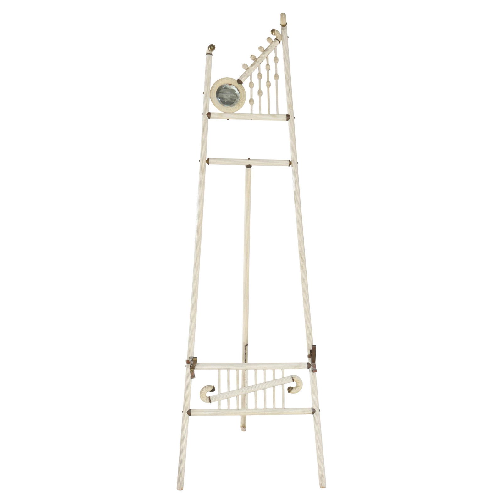 Early 1900s Wooden Art Easel With Mirror Brass Accents and Scroll Detailing: Early 1900s Wooden Art Easel With Mirror Brass Accents and Scroll Detailing This antique Stick & Ball adjustable art display easel dates to around 1910 and features a classic early 20th-century design