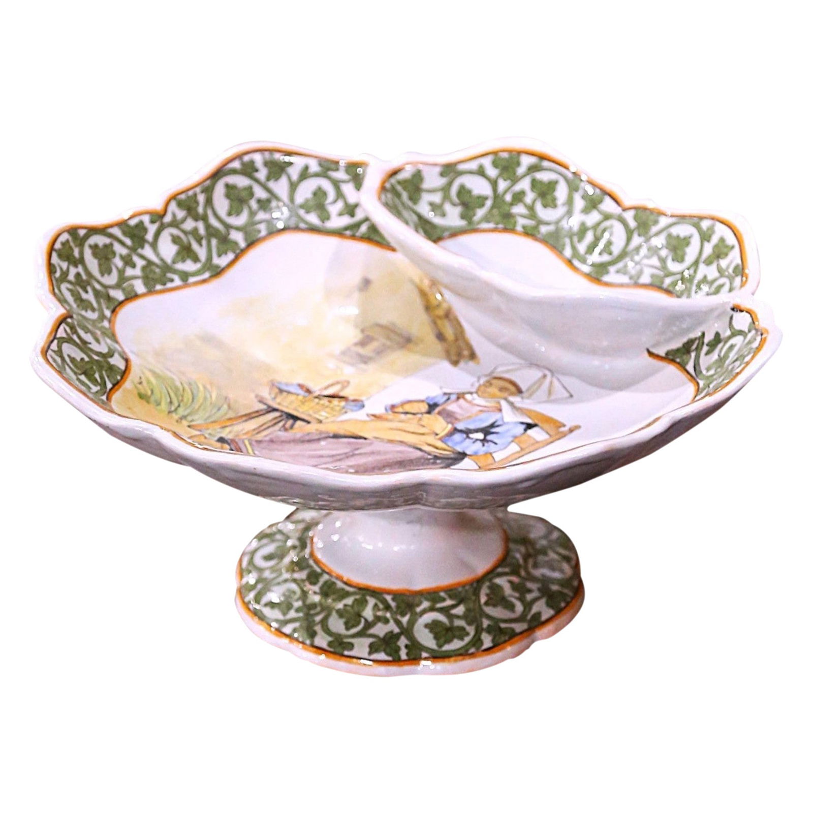 19th Century French Porquier Beau Quimper Hand-Painted Dipping Compote (1 of 8)