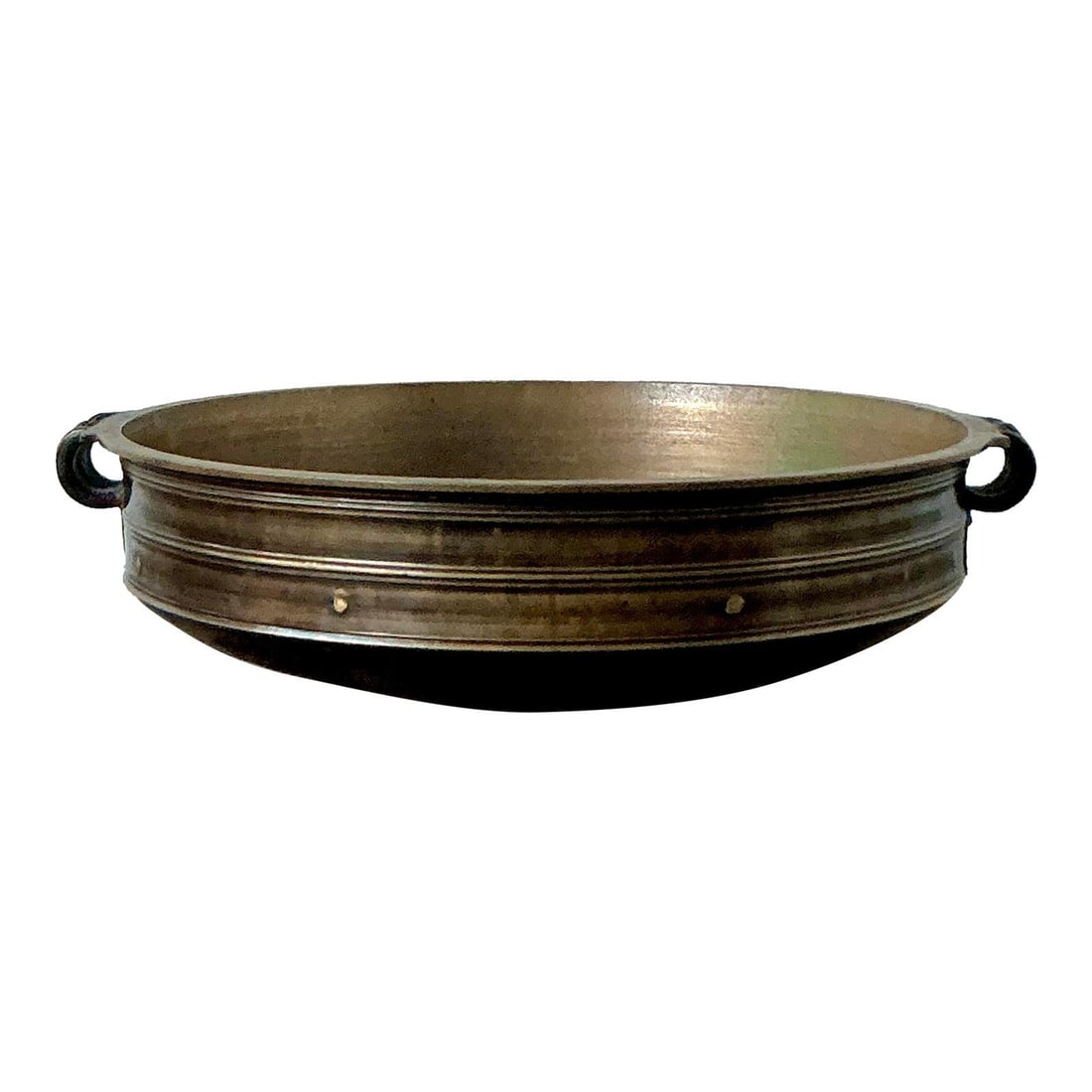 Large Hand-Cast Indian Bronze Urli Bowl with Scrolled Handles and Banding (1 of 10)