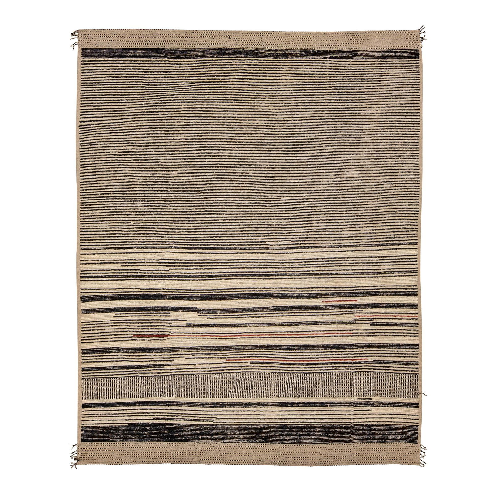 Modern Moroccan Handmade Wool Rug Beige and Black Striped 12'5 x 15'8: Modern Moroccan Handmade Wool Rug Beige and Black Striped 12'5 x 15'8 Enhance your living space with this exquisite Modern Moroccan Bohemian Style Handmade Wool Rug. Featuring a captivating beige fiel