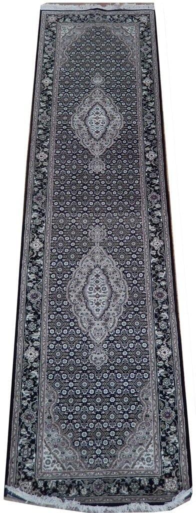 Handmade 2'6 x 9'10 Black Wool Silk Tabriz Mahi Runner: Handmade 2'6 x 9'10 Black Wool Silk Tabriz Mahi Runner Free continental US Shipping Enhance your home with this exquisite 2.6 x 9.10 Black Wool & Silk Tabriz Mahi Runner, a true embodiment of elegance