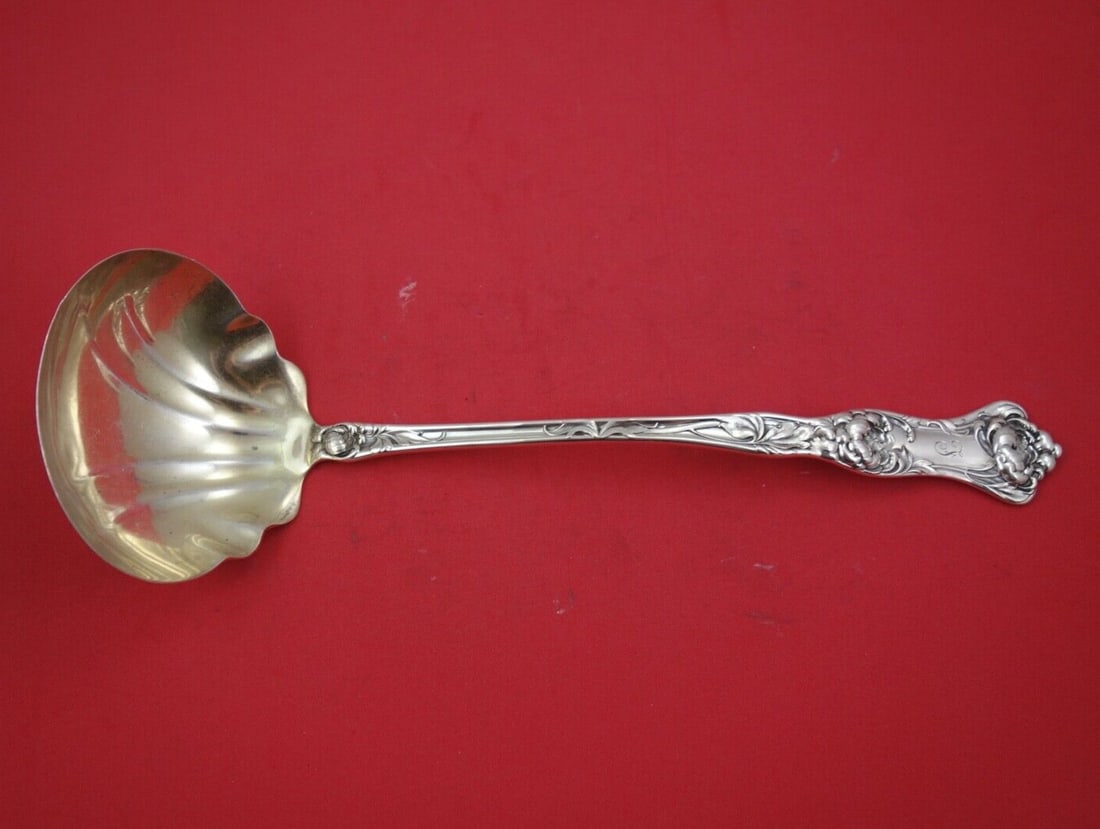 Wallace Peony Sterling Silver Soup Ladle Scalloped Bowl 12.5": Wallace Peony Sterling Silver Soup Ladle Scalloped Bowl 12.5" Crafted by Wallace, this exquisite soup ladle features the elegant Peony pattern, showcasing a scalloped bowl design. Made from high-quali