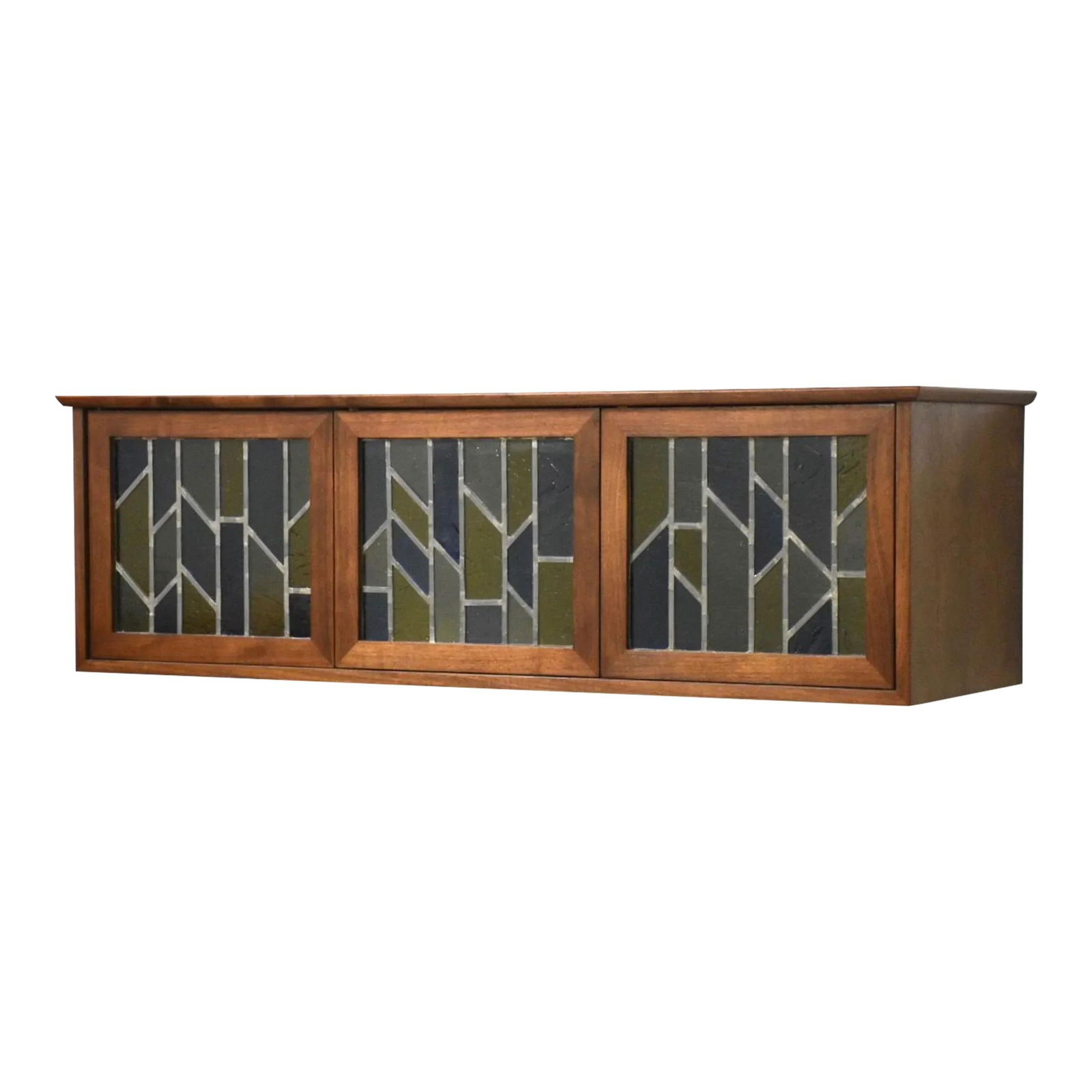 Mid Century Modern Walnut Credenza with Stained Glass Doors: Mid Century Modern Walnut Credenza with Stained Glass Doors This exquisite mid-century modern walnut wall hanging cabinet credenza features three stunning stained glass doors, adding a touch of elegan
