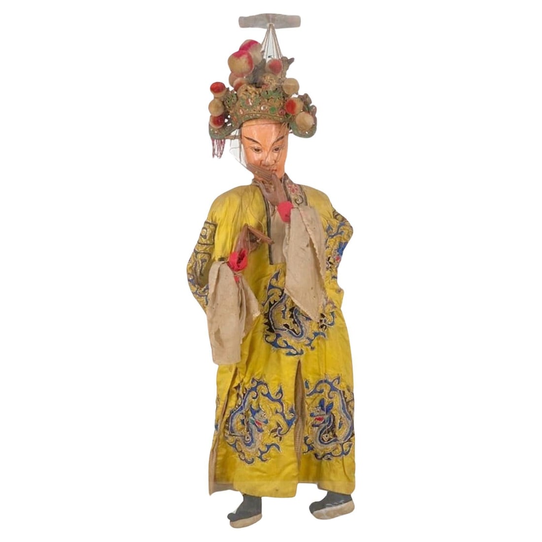 Early 20th Century Chinese Emperor Marionette with Embroidered Silk Robe: Early 20th Century Chinese Emperor Marionette with Embroidered Silk Robe This large antique Chinese ceremonial marionette dates to the early 20th century and represents a male emperor used in funerary