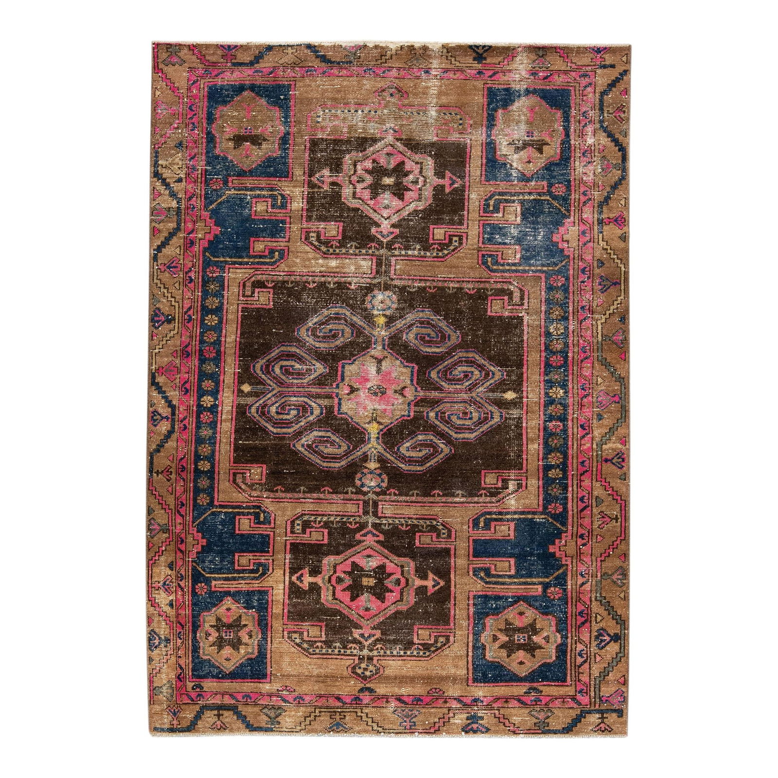 Vintage 1960s Handmade Persian Tribal Wool Rug 4'3 x 6': Vintage 1960s Handmade Persian Tribal Wool Rug 4'3 x 6' This stunning vintage Persian rug showcases a distressed hand-knotted design, featuring a rich brown color field adorned with multicolor accents