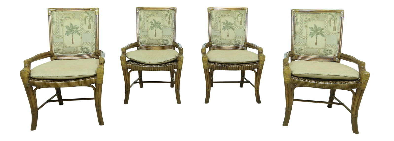 Set of 4 Brown Rattan Palm Upholstered Dining Chairs (1 of 10)