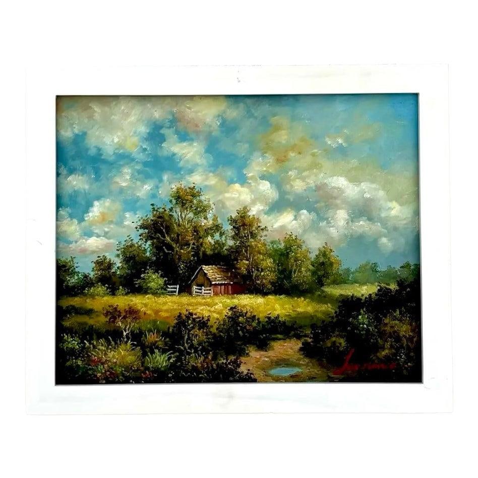 Vintage Boho Landscape Oil Painting with White Frame: Vintage Boho Landscape Oil Painting with White Frame This charming vintage Boho landscape painting captures a serene countryside scene featuring a small wooden cabin surrounded by tall, leafy trees