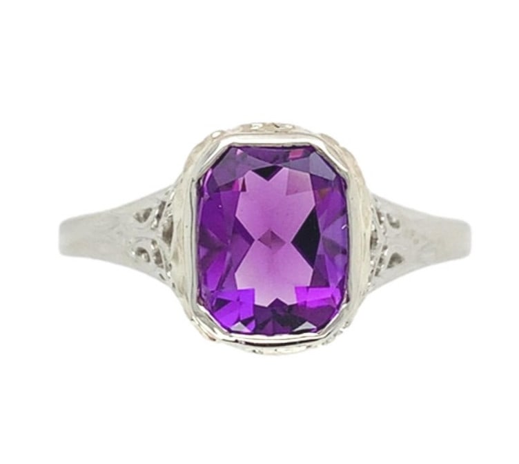 Vintage 18k White Gold Filigree Ring with 1.21ct Amethyst (1 of 11)