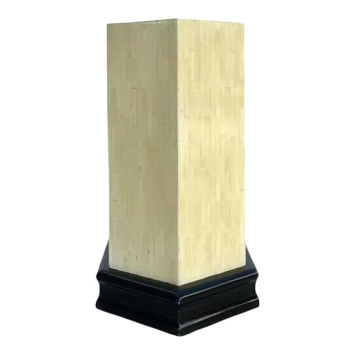 Vintage Boho Chic Tessellated Bone Pedestal 28.5" Cream: Vintage Boho Chic Tessellated Bone Pedestal 28.5" Cream This stunning vintage boho chic pedestal features exquisite tessellated bone craftsmanship on an elegant octagonal lacquered plinth. Its cream c