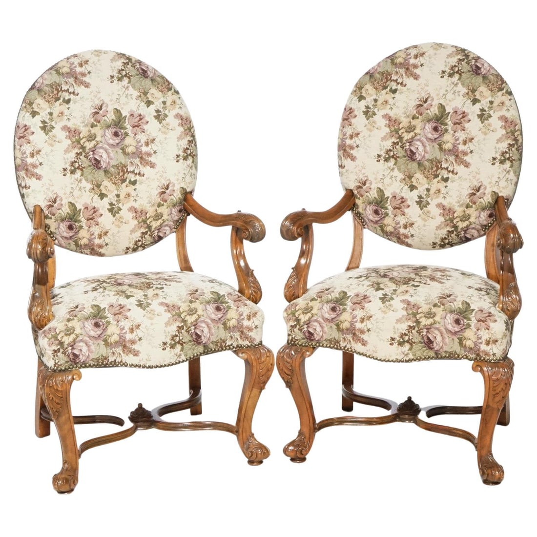 Antique Italian Walnut Carved Arm Chairs Pair circa 1920 (1 of 18)
