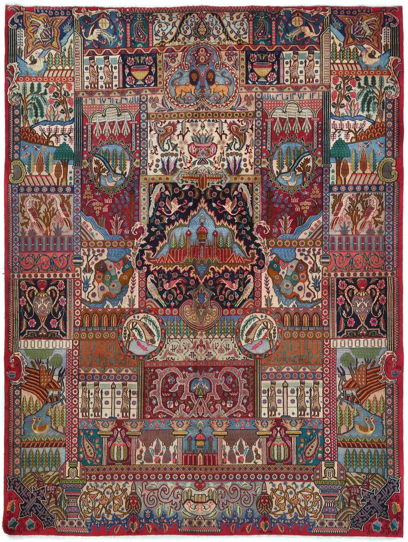 Hand-Knotted Wool Vintage Pictorial Area Rug 9'5 x 12'6 Multicolor Western Asia (1 of 12)