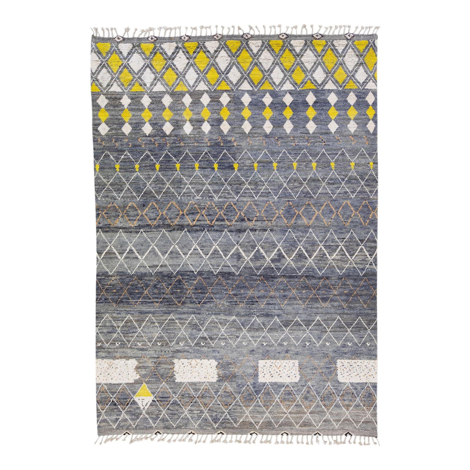 Handmade Gray Wool Moroccan Tribal Motif Rug 9' x 12'4: Handmade Gray Wool Moroccan Tribal Motif Rug 9' x 12'4 Enhance your space with this stunning modern Moroccan style hand-knotted wool rug. Featuring a stylish gray field adorned with vibrant orange, iv
