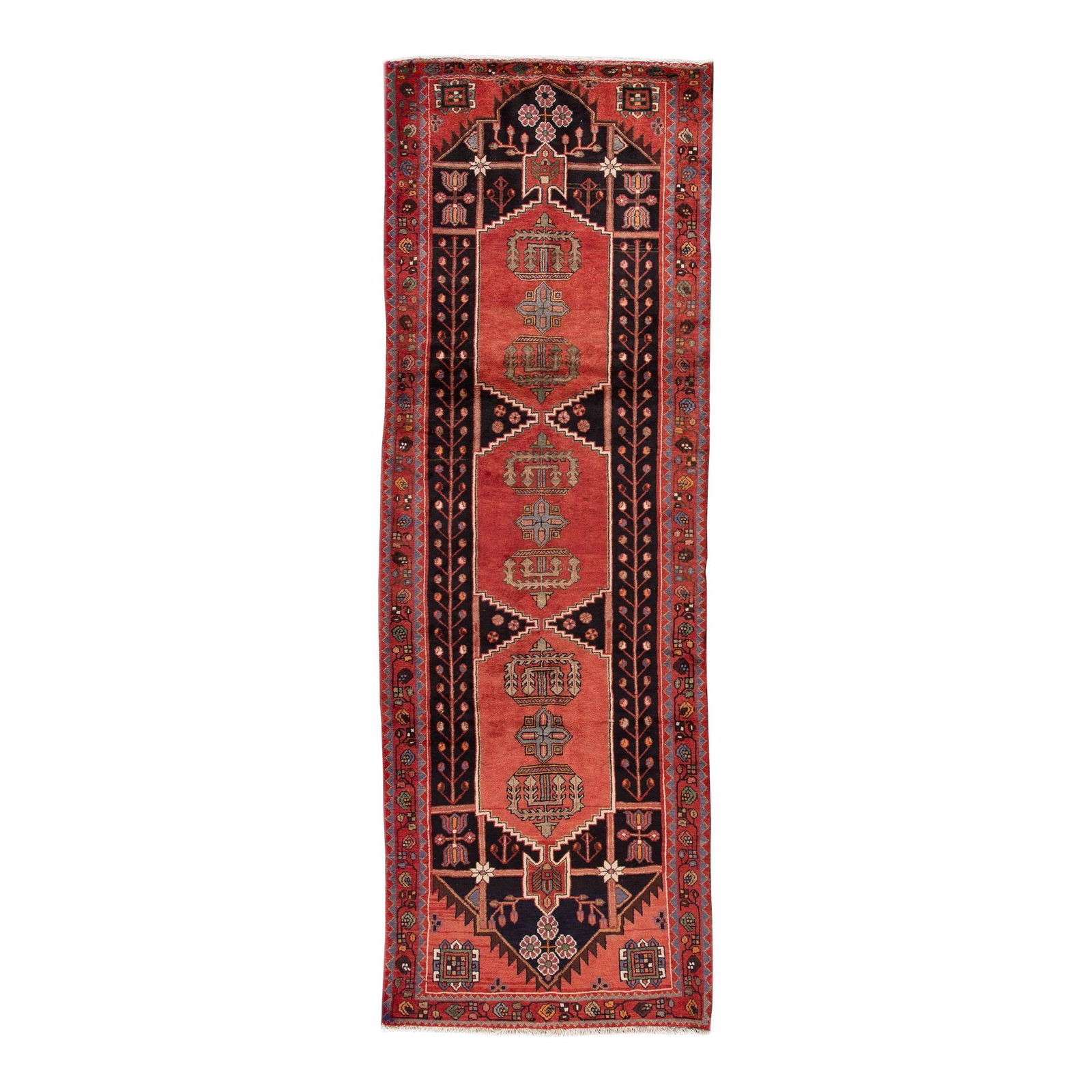 Vintage Hamadan Handmade Wool Rug Red Geometric Design 3'6 x 10'4: Vintage Hamadan Handmade Wool Rug Red Geometric Design 3'6 x 10'4 Enhance your space with this beautiful Vintage Hamadan Handmade Wool Rug, featuring a striking red-rust field accented by intricate ge