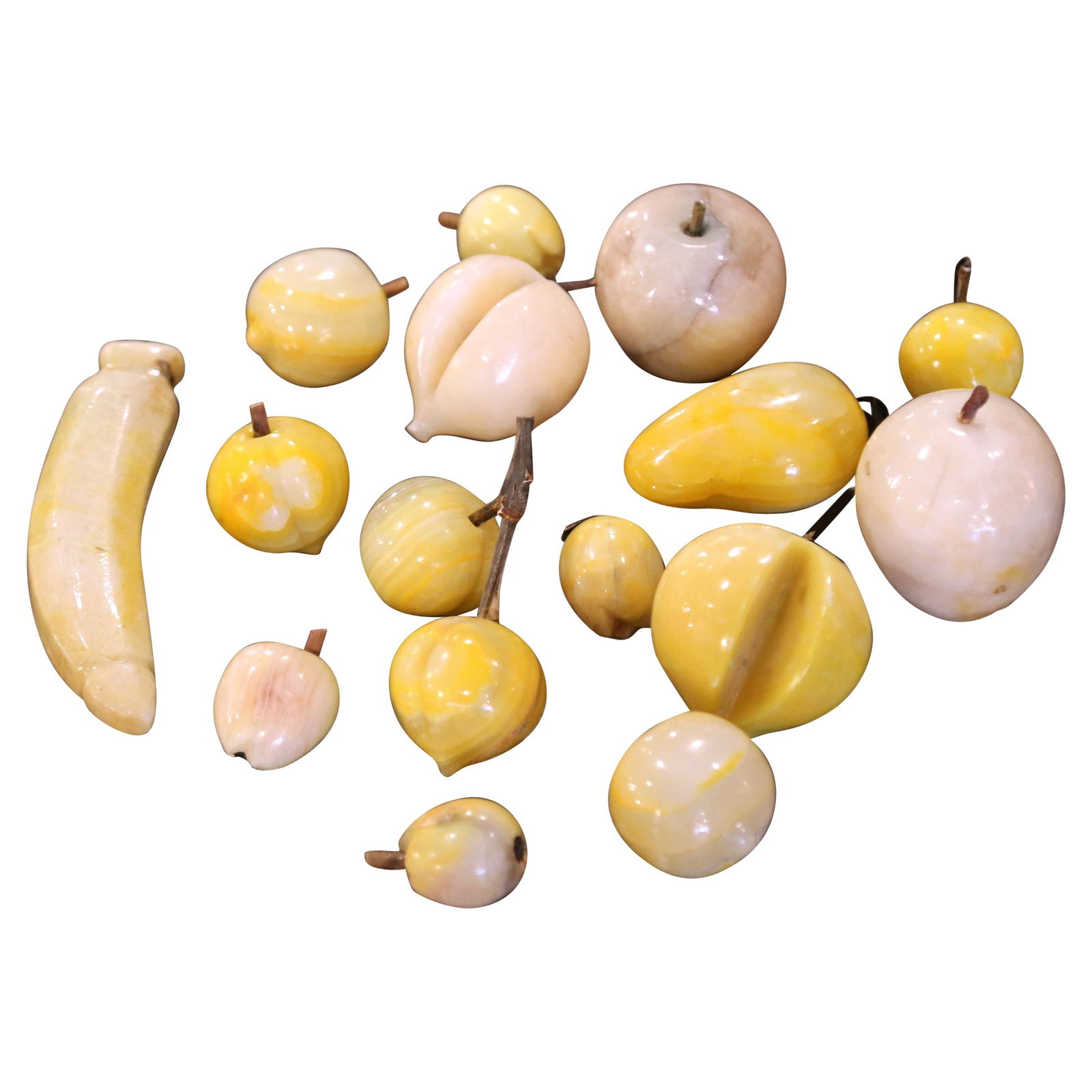 Set of 16 Italian Hand-Carved Stone Fruit Sculptures Mid-20th Century: Set of 16 Italian Hand-Carved Stone Fruit Sculptures Mid-20th Century This set of sixteen mid-century Italian carved stone fruits features a beautifully polished assortment of hand-carved sculptures c