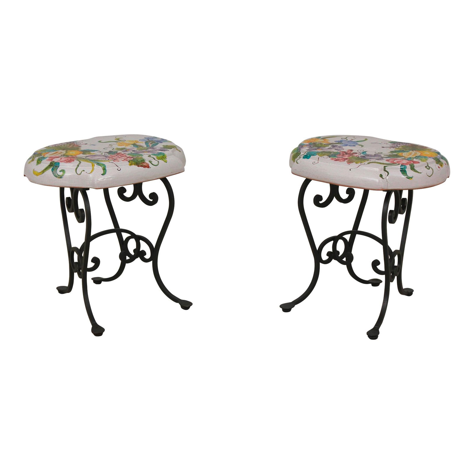 Charming Italian Hand Painted Terracotta Garden Seats Pair with Iron Legs (1 of 10)