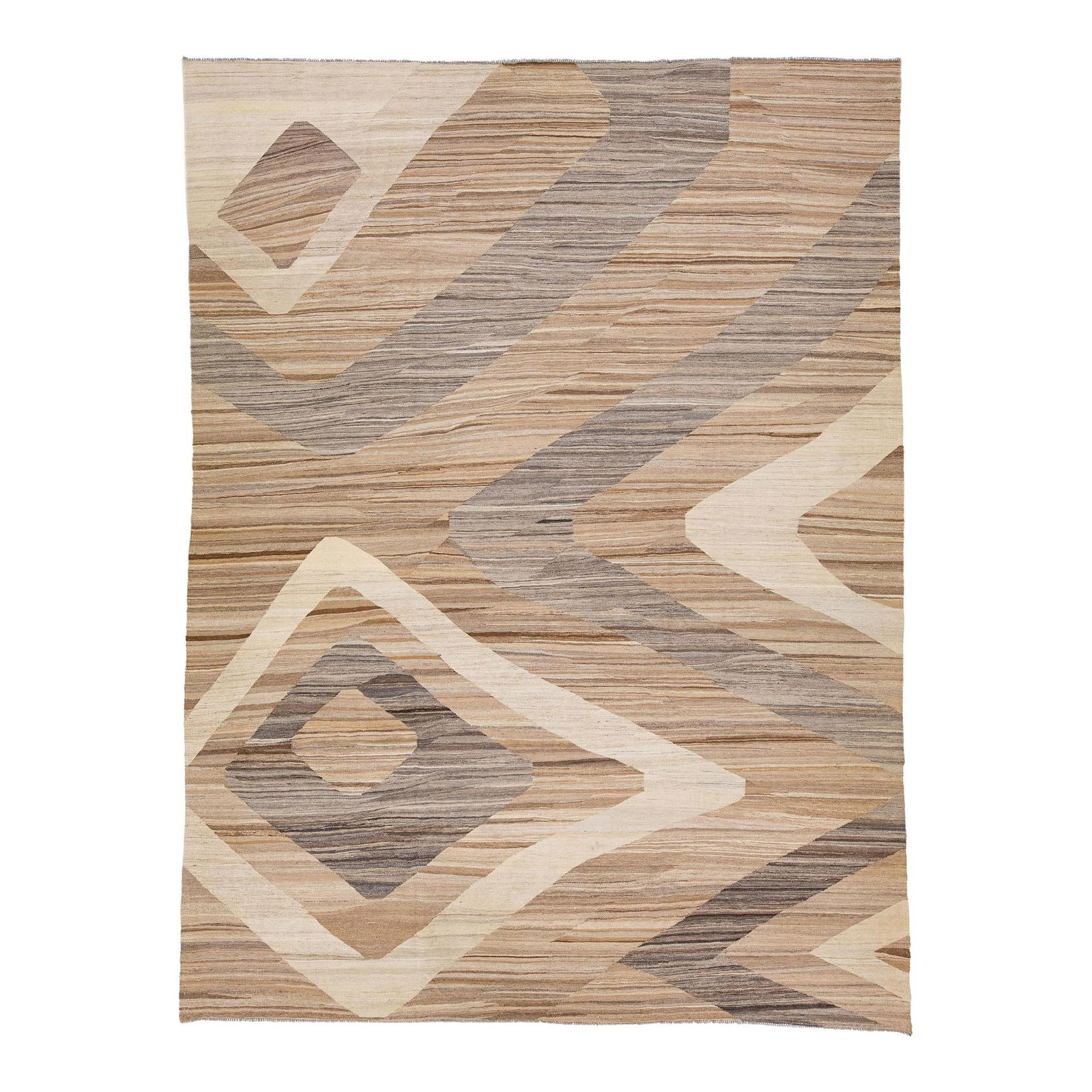 Abstract Modern Kilim Wool Rug 9'11 x 13'3 Brown Geometric Design: Abstract Modern Kilim Wool Rug 9'11 x 13'3 Brown Geometric Design Enhance your space with this stunning flatweave wool rug featuring a captivating light brown field, beautifully accented with gray and