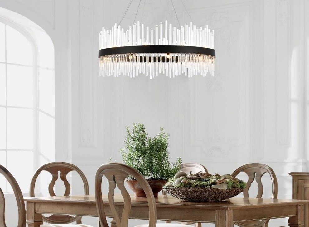 Dallas 20 Light Black Crystal Chandelier 36 Inch Modern Ceiling Fixture: Dallas 20 Light Black Crystal Chandelier 36 Inch Modern Ceiling Fixture This modern Art Deco-inspired chandelier features 20 lights and a sleek black finish, complemented by royal-cut clear crystal