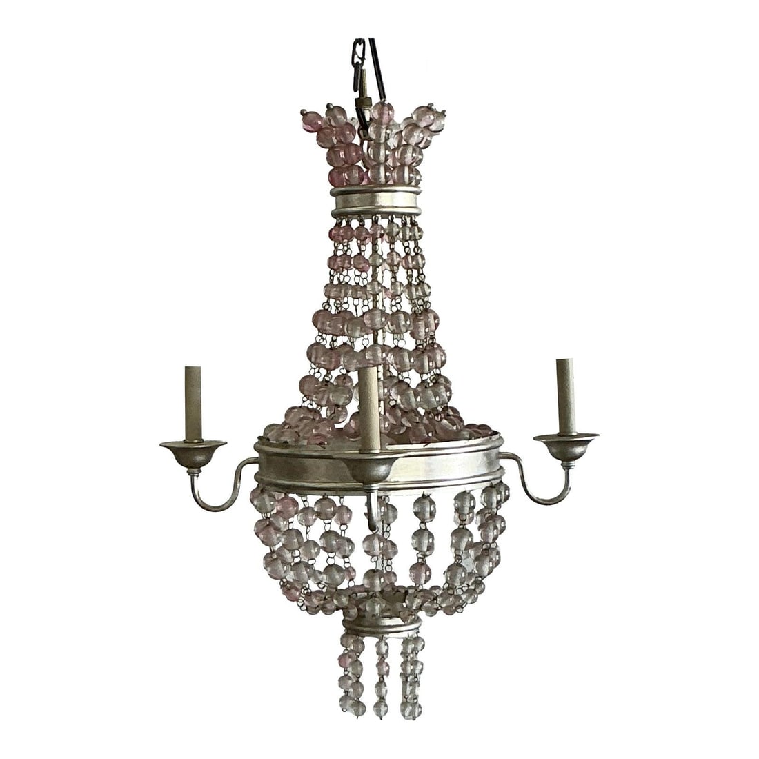 Vintage Bohemian Beaded Chandelier in Pink Glass and Silver Metal: Vintage Bohemian Beaded Chandelier in Pink Glass and Silver Metal Elevate your interior design with this enchanting vintage Boho beaded chandelier. This captivating fixture features cascading transluc