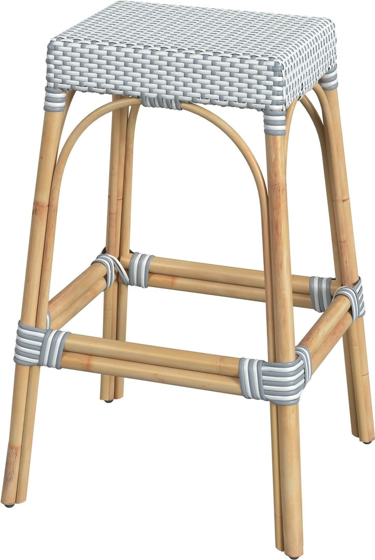 Butler Tobias Barstool Coastal Style Natural Rattan Blue White: Butler Tobias Barstool Coastal Style Natural Rattan Blue White Introducing the Tobias Barstool, a perfect blend of coastal charm and comfort. This stylish chair is designed with a natural rattan frame