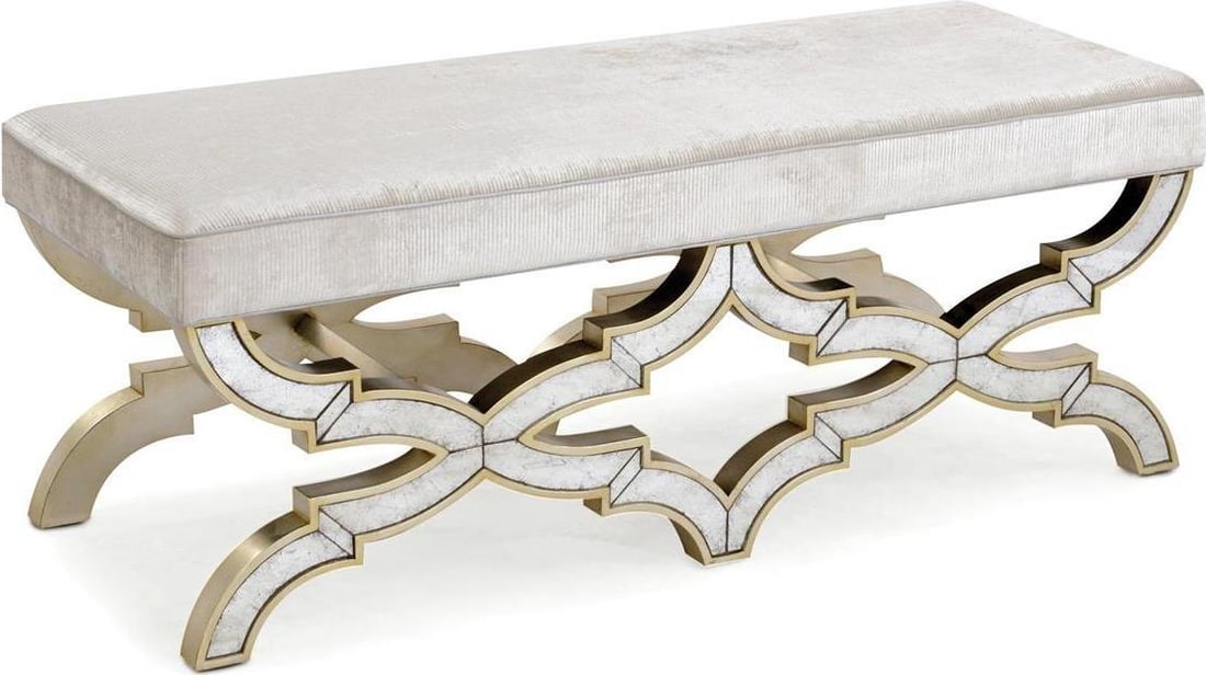 Trivi Bench by John-Richard Neo-Classical Design Champagne Finish: Trivi Bench by John-Richard Neo-Classical Design Champagne Finish Introducing the Trivi Bench, a stunning piece that embodies Neo-Classical craftsmanship. This stylish bench features a unique Champagn