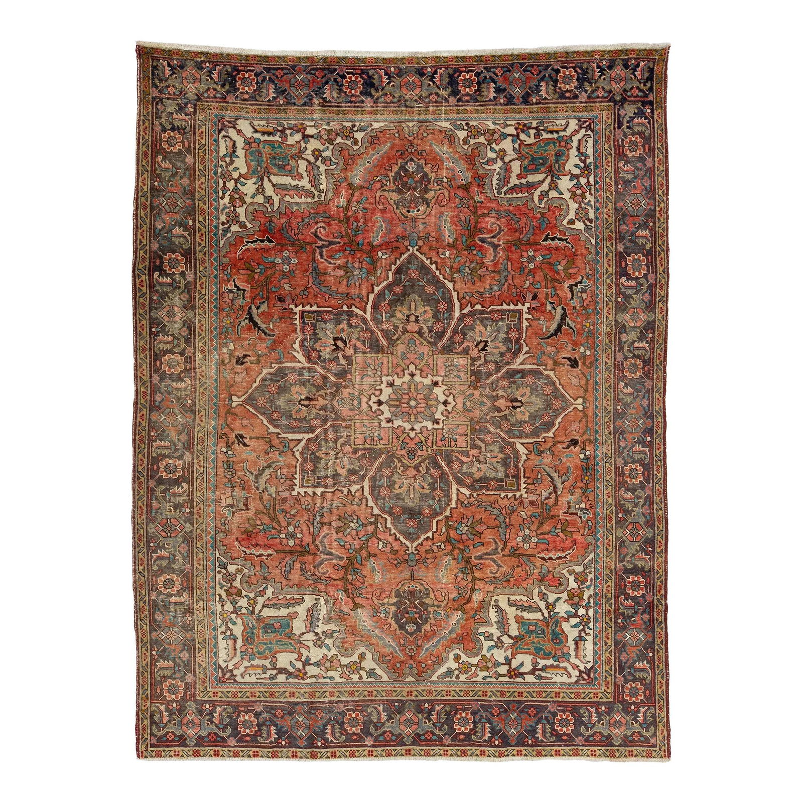 1950s Handmade Heriz Wool Rug Rust Medallion Design 8'2 x 11: 1950s Handmade Heriz Wool Rug Rust Medallion Design 8'2 x 11 Experience the elegance of a 1950s Vintage Handmade Heriz Wool Rug featuring a stunning rust color adorned with multicolor accents in a tra