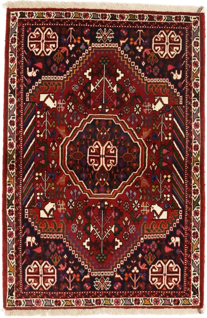 Hand-Knotted Wool Tribal Pictorial Oriental Rug 3'3 x 4'11: Hand-Knotted Wool Tribal Pictorial Oriental Rug 3'3 x 4'11 Enhance your living space with this exquisite hand-knotted red tribal pictorial oriental rug, perfect for adding a touch of modern elegance t