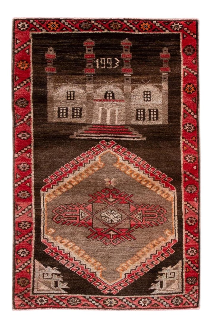 Vintage Turkish Hand-Knotted Wool Rug Brown Red Frame Geometric Design 3'3 x 5': Vintage Turkish Hand-Knotted Wool Rug Brown Red Frame Geometric Design 3'3 x 5' This stunning Vintage Pictorial Turkish hand-knotted wool rug features a rich brown field beautifully complemented by a