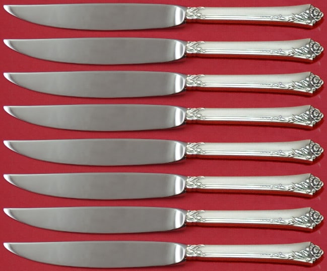 Oneida Damask Rose Sterling Silver 8pc Steak Knife Set Not Serrated: Oneida Damask Rose Sterling Silver 8pc Steak Knife Set Not Serrated This exquisite set of eight steak knives features the elegant Damask Rose pattern by Oneida, crafted from high-quality sterling silv