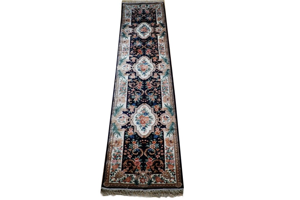 Black Bamboo Silk Aubusson Runner 2.6 x 12 Handwoven Area Rug: Black Bamboo Silk Aubusson Runner 2.6 x 12 Handwoven Area Rug Free continental US Shipping Introduce opulent sophistication into your home with this exquisite 2.6 x 12 Black French/European Bamboo Sil