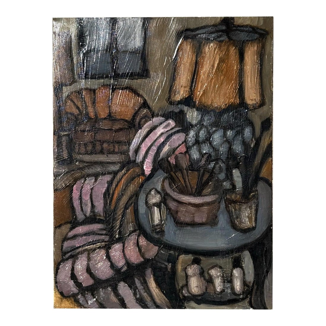 Abstract Interior Oil Painting on Canvas with Bohemian Style: Abstract Interior Oil Painting on Canvas with Bohemian Style This vintage boho abstract oil painting on canvas presents a cozy interior scene with a richly textured and expressionistic style. The comp