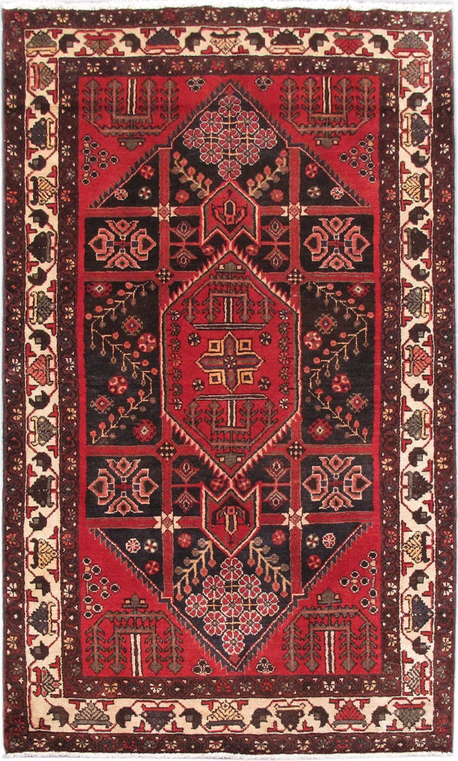 4'3 x 7'2 Hand-Knotted Red Persian Hamadan Area Rug: 4'3 x 7'2 Hand-Knotted Red Persian Hamadan Area Rug Free continental US Shipping Elevate your living space with the exquisite 4.3 x 7.3 Red Persian Hamadan Rug, a true masterpiece handcrafted by skill