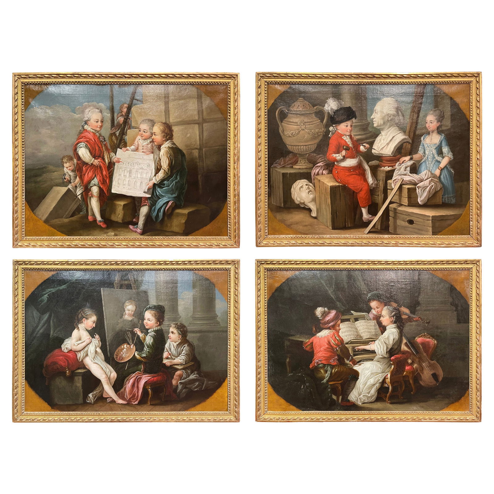 Set of 4 18th Century French Allegorical Paintings in Giltwood Frames: Set of 4 18th Century French Allegorical Paintings in Giltwood Frames Elevate your home decor with this exquisite set of four 18th Century French allegorical paintings, crafted circa 1760. Each oil on
