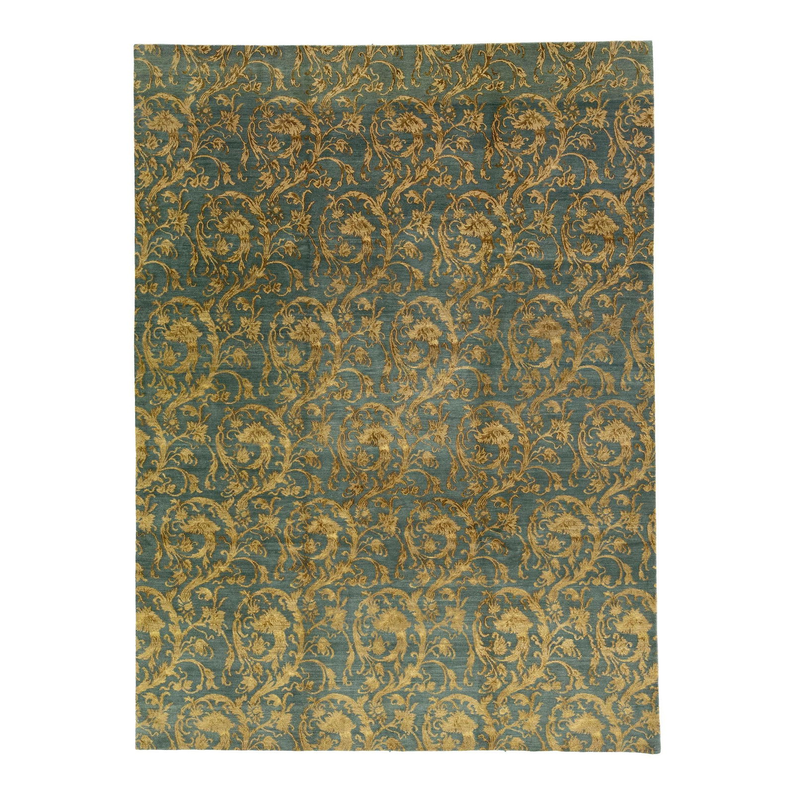 Modern Tibetan Handmade Wool Silk Rug Blue Field 8'8" x 11'9": Modern Tibetan Handmade Wool Silk Rug Blue Field 8'8" x 11'9" This exquisite modern Tibetan rug showcases a stunning blue field adorned with golden accents in an elegant damask pattern. Hand knotted f