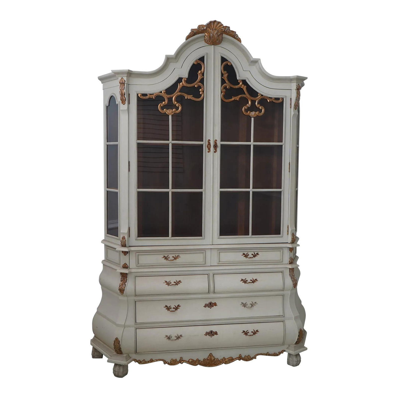 Elegant Dutch Style China Cabinet with White and Gold Finish: Elegant Dutch Style China Cabinet with White and Gold Finish This Dutch Style Painted Finish China Cabinet is a stunning piece that showcases quality craftsmanship and timeless design. With a striking