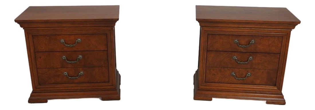 Set of Two Walnut Tone Nightstands with Burl Elm Drawer Fronts (1 of 10)