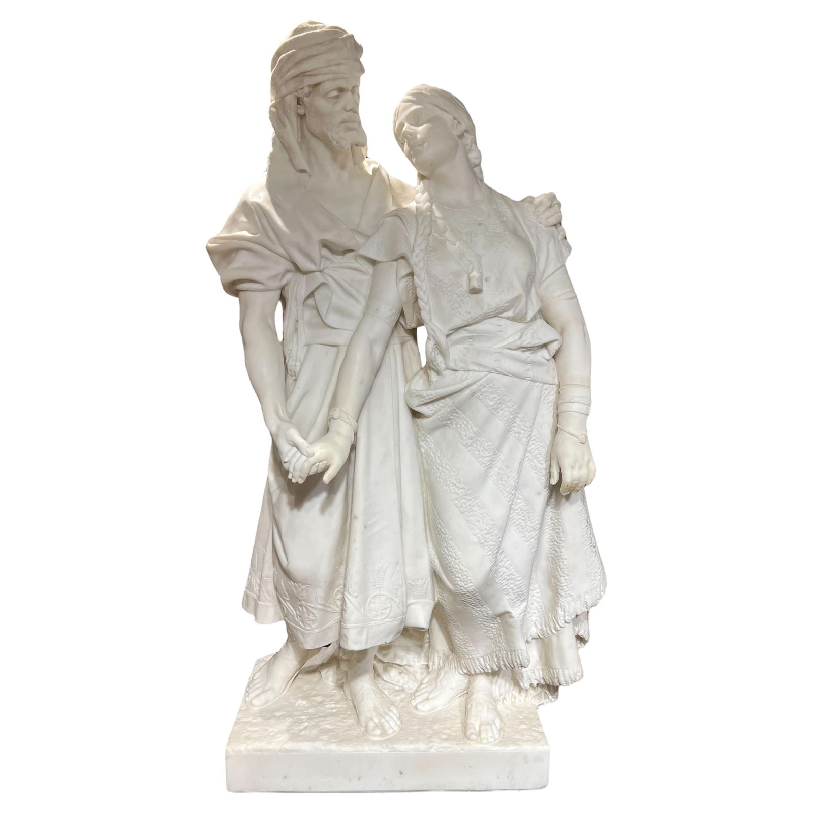 Late 19th Century Italian Marble Sculpture Depicting Moorish Lovers: Late 19th Century Italian Marble Sculpture Depicting Moorish Lovers This important late 19th century Italian Orientalist white marble statue depicts two Moorish lovers, possibly representing Othello a