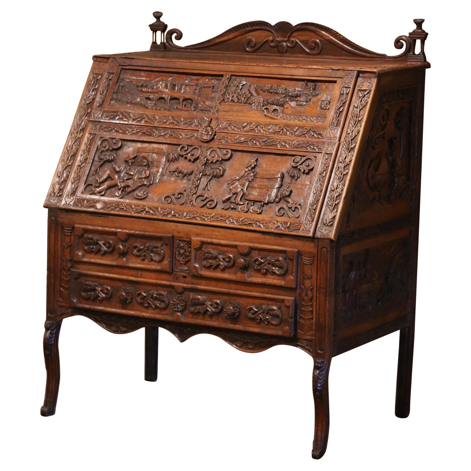 Mid-19th Century French Louis XV Carved Oak Secretaire a Abattant with Tavern Scenes (1 of 16)