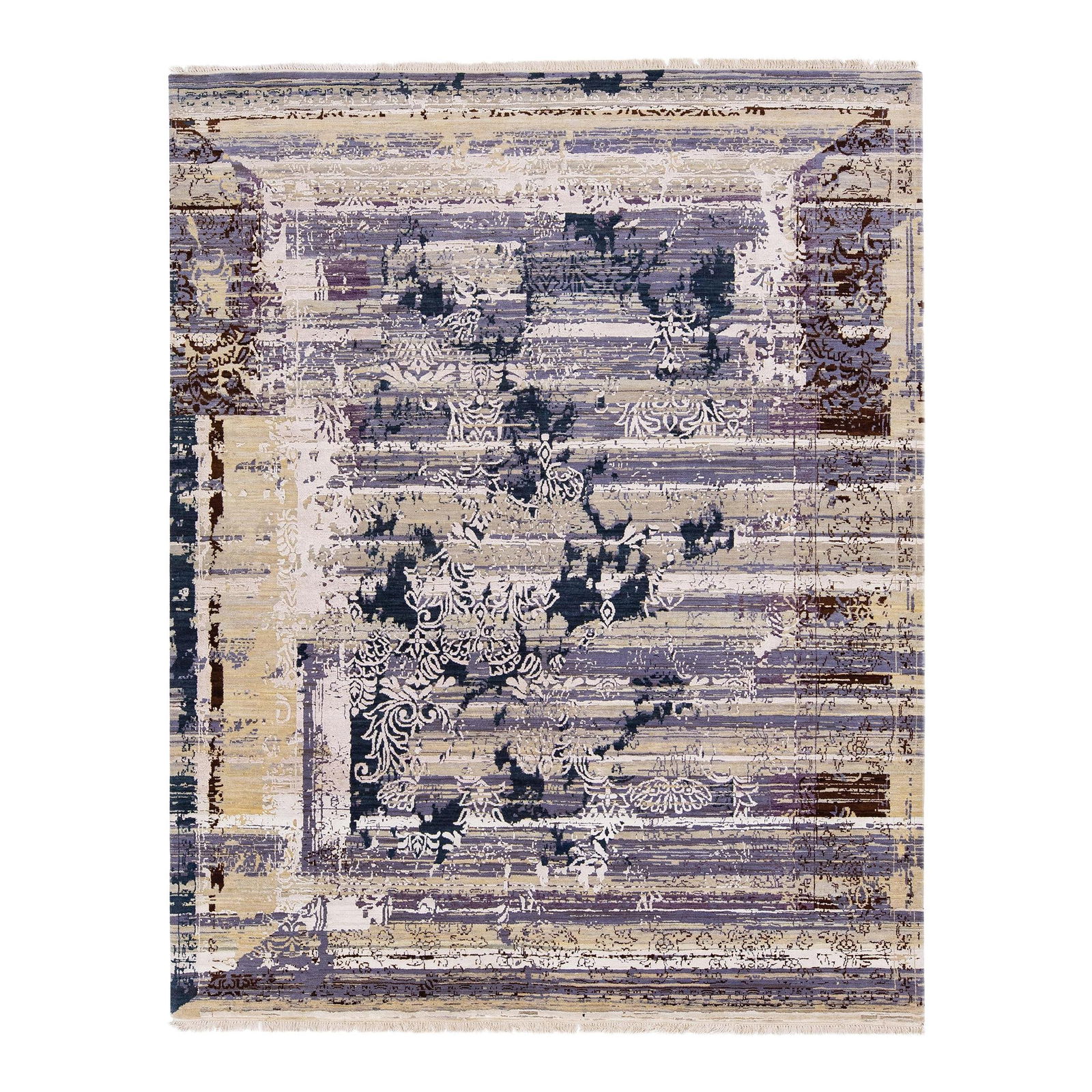 Handmade Gray Wool Silk Tibetan Rug 8' x 10' Modern Design: Handmade Gray Wool Silk Tibetan Rug 8' x 10' Modern Design Enhance your living space with this exquisite modern Tibetan rug, skillfully handmade from a durable blend of Tibetan and Indian wool and sil